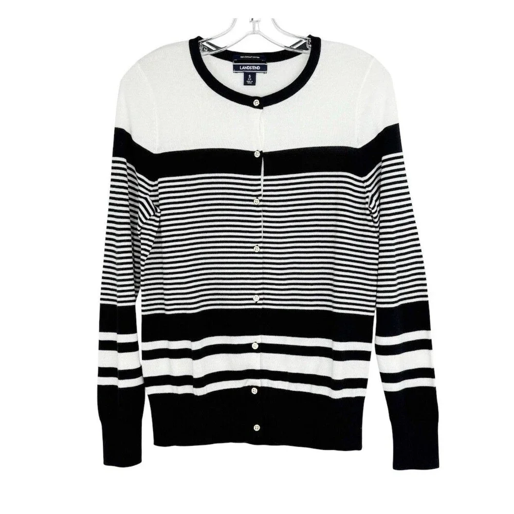 Lands End Womens Nautical Striped Cardigan Small Black White 100% Supima Cotton